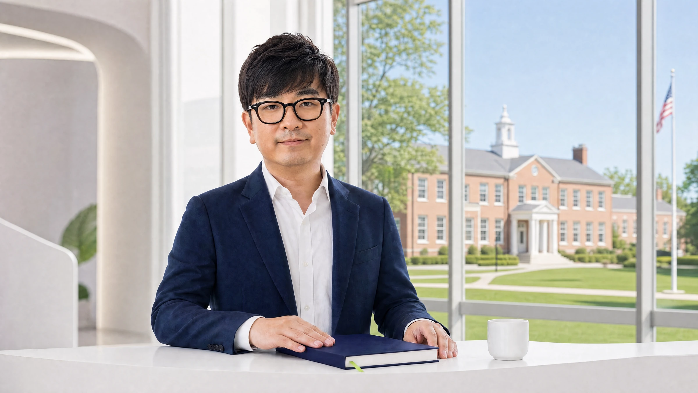 책상 앞 김동휘 대표의 상반신과 미국 캠퍼스 배경이 보이는 온유학 브랜드 영상 장면
